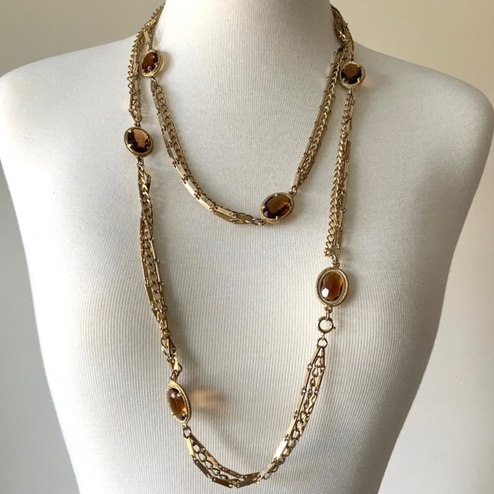 70s 2pc Necklace Set Topaz Colored Faceted Glass